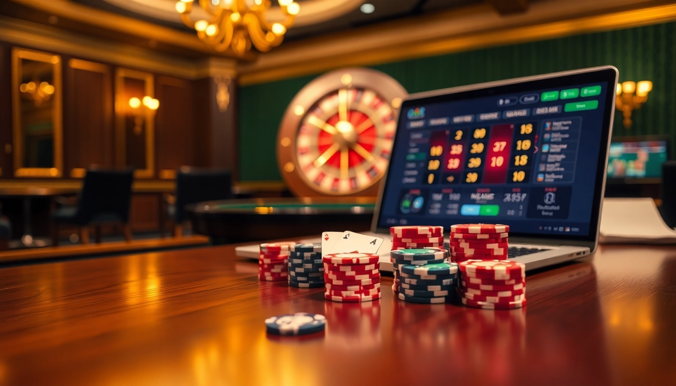 Découvrez l'excitation d'un casino fiable en ligne avec cette scène de jeu en ligne élégante présentant des cartes et des jetons.