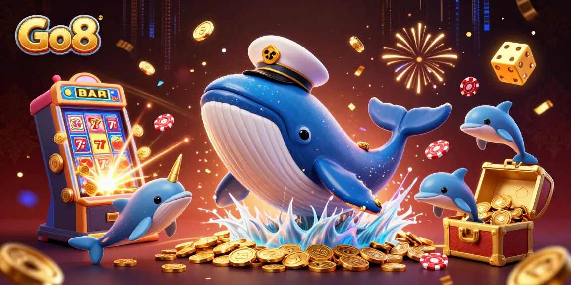 Experience the excitement of Go8 with a captivating 3D illustration featuring a whale, narwhal, and dolphins amidst casino elements.