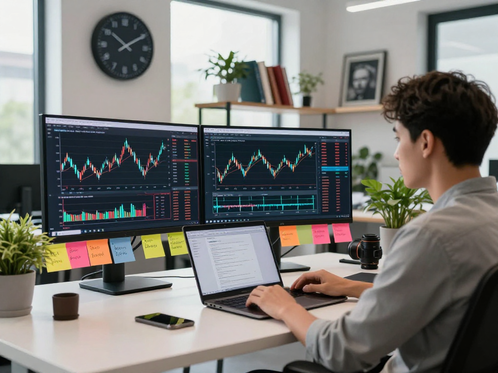 Developer analyzing currency pair historical Kline API data in a modern workspace