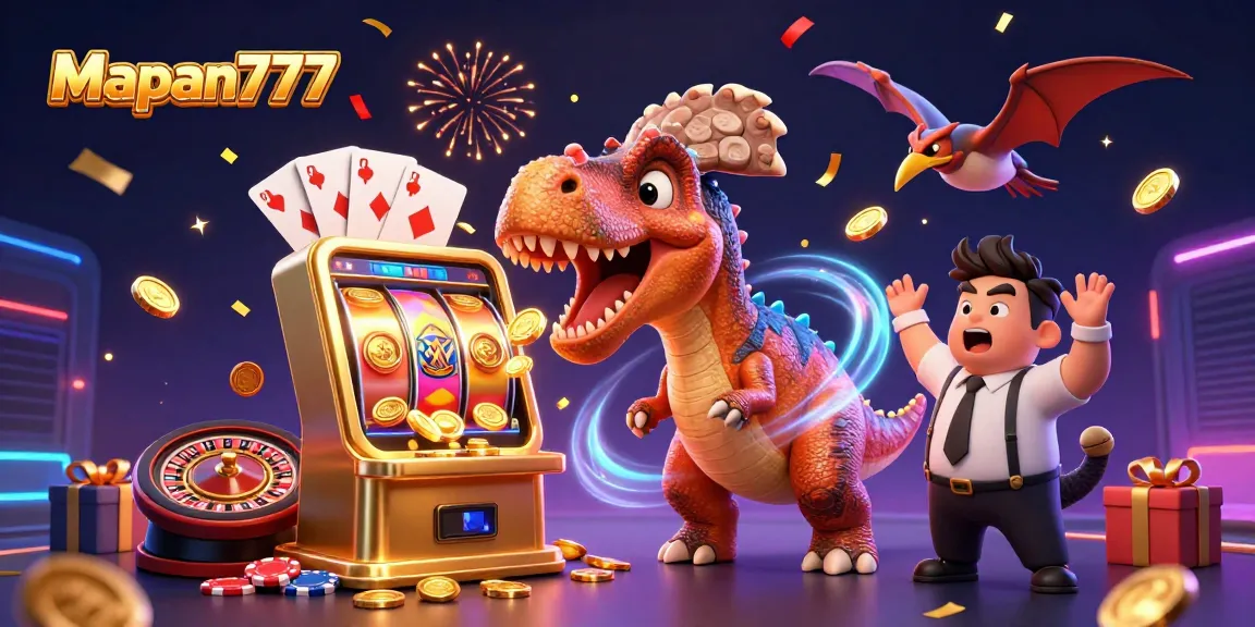 Mapan777 features a pachycephalosaurus celebrating jackpot wins alongside colorful casino elements.