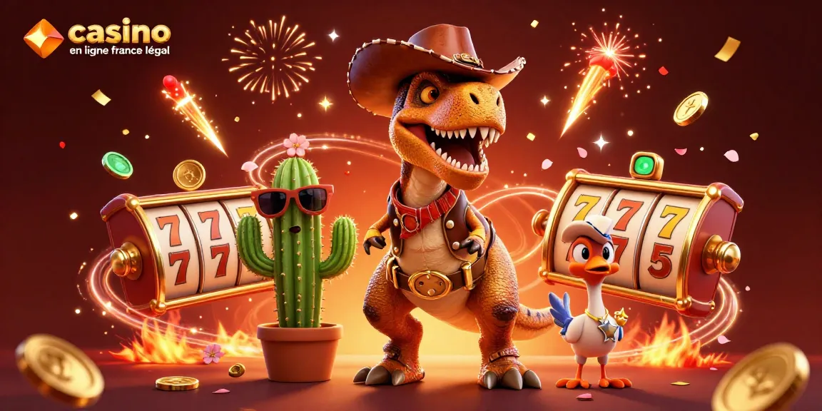 Le casino en ligne France légal où les personnages célèbrent avec des machines à sous et des feux d'artifice.