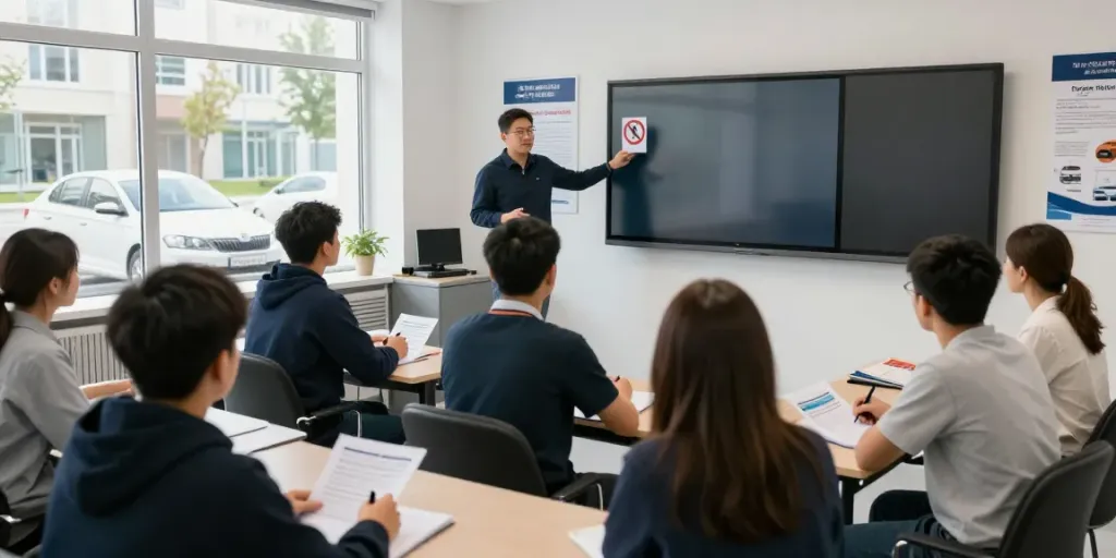Driving school session with students learning about traffic signs at scoala auto chisinau.