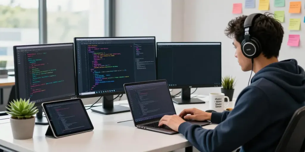 Developer using Notepad++ in a modern workspace with dual monitors and coding project.