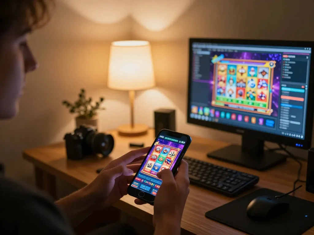 Engaging in สล็อตวอเลท gaming on smartphone in a cozy home setting