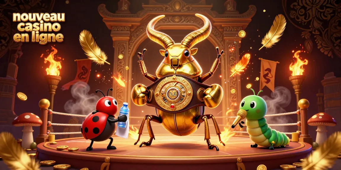 Image illustrant un nouveau casino en ligne avec un scarabée géant et un animateur coloré, créant une atmosphère dynamique de jeu.