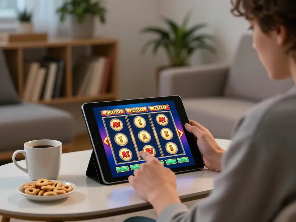 Engaging slot gacor gameplay experience on a tablet in a cozy home setting