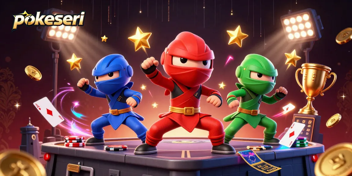 Pokerseri showcases a dynamic scene of chameleon ninjas performing poker strategies amidst flying cards and chips.