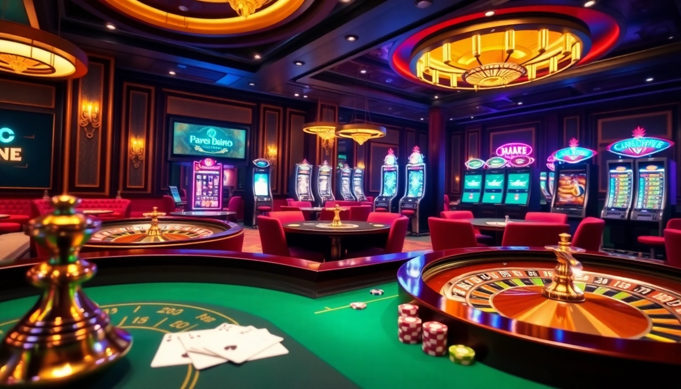 Une scène palpitante de casino en ligne Français 2026 illustrant des roues de roulette vibrantes et des tables de poker luxueuses.