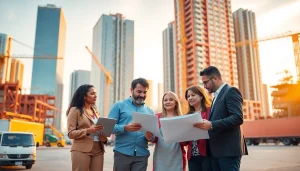 Engaging scene of real estate & logistics professionals collaborating in an urban setting.