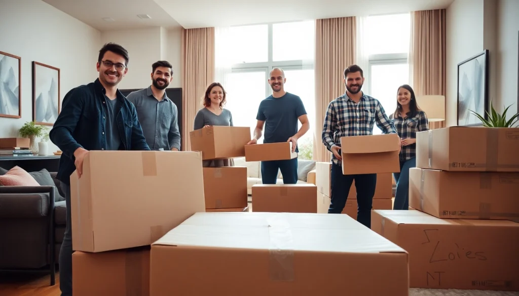 Efficient teamwork in Toronto moving services, showcasing diverse movers packing in a bright apartment.