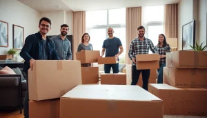 Efficient teamwork in Toronto moving services, showcasing diverse movers packing in a bright apartment.