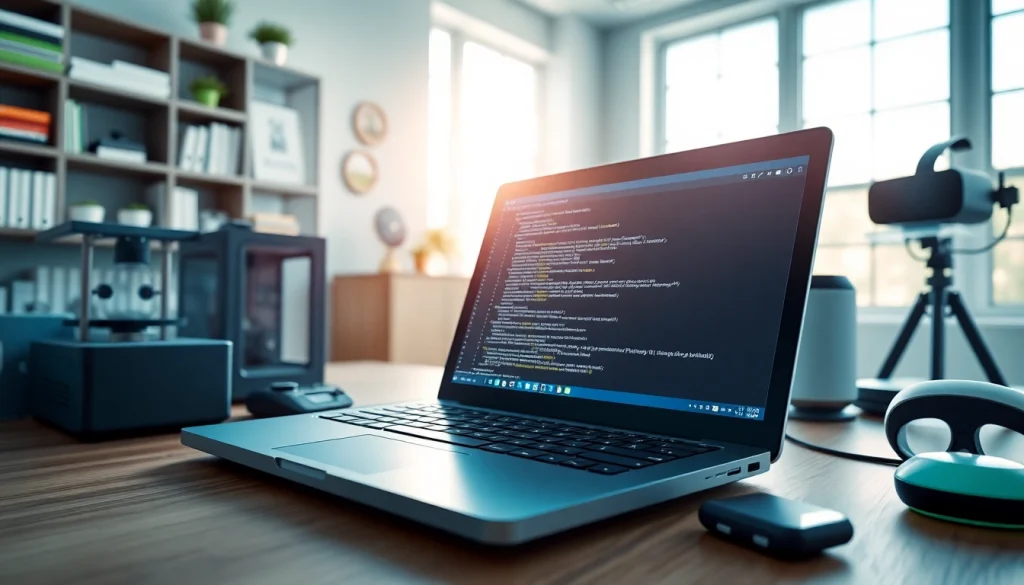 Showcasing innovative technology tools and a laptop in a modern workspace.
