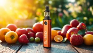 Elfbar Vape-Gerät in einem lebendigen, fruchtigen Setup auf einem Holztisch präsentieren.