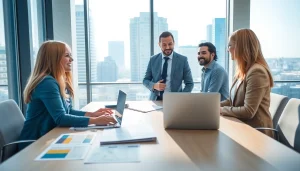 Real Estate agent assisting clients in a modern office, emphasizing professionalism and engagement.
