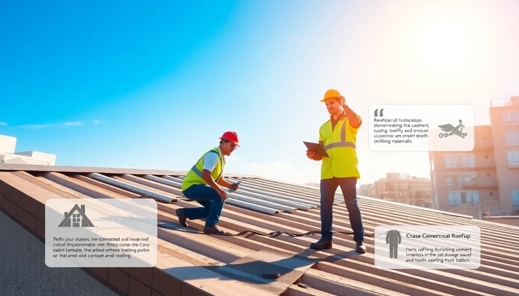 Inspecting commercial roofing services while showcasing diverse materials on a sunny rooftop.