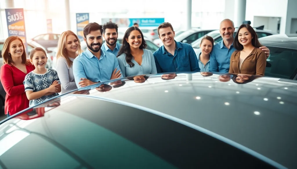 Buy a car with happy customers exploring various models in a vibrant dealership.