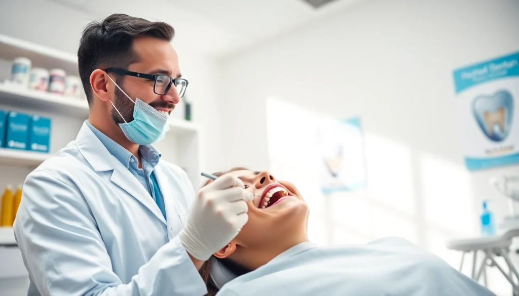 Dentist examining a patient's teeth in a clean, professional dental clinic setting.