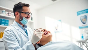 Dentist examining a patient's teeth in a clean, professional dental clinic setting.