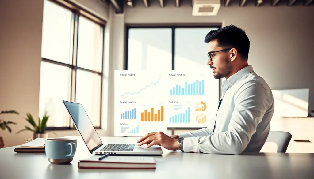 Track smm services growth with an analytical consultant and charts in a modern office.