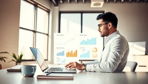 Track smm services growth with an analytical consultant and charts in a modern office.