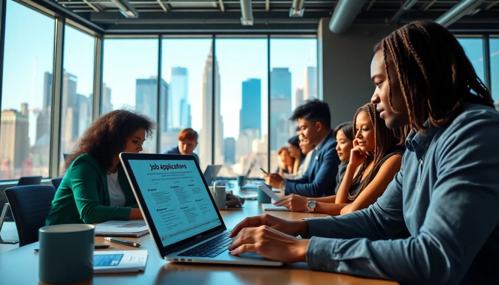 Engaging scene of a free job post new york in a collaborative office environment with diverse professionals.