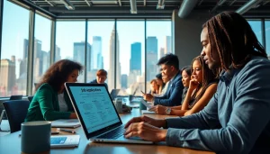 Engaging scene of a free job post new york in a collaborative office environment with diverse professionals.