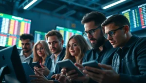 Explore the features of the best online sportsbooks India with engaging bettors managing their bets amid vibrant digital displays.