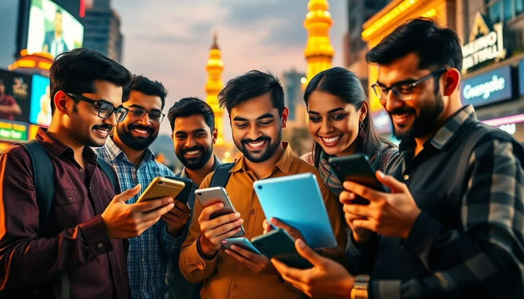 Engaged bettors exploring the best online sportsbooks India on their devices in a vibrant city scene.