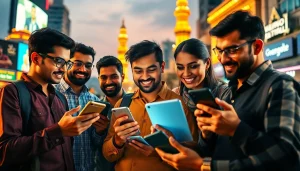 Engaged bettors exploring the best online sportsbooks India on their devices in a vibrant city scene.