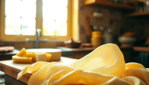 Een kaasdoek gebruikt voor het maken van verse kaas in een rustieke keuken.