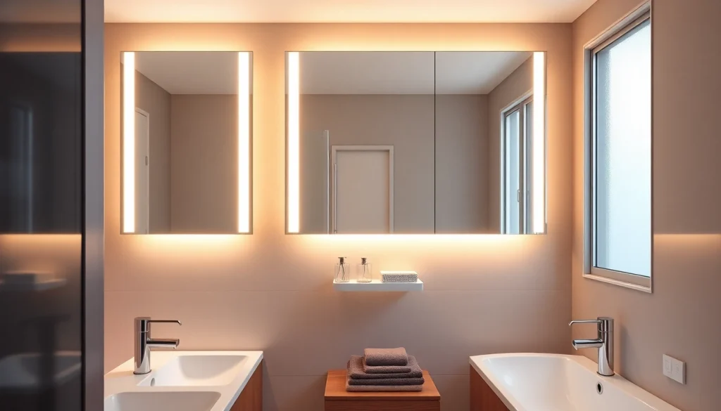 sonni Spiegelschrank in einem modernen Badezimmer mit stilvoller Beleuchtung und eleganter Einrichtung.