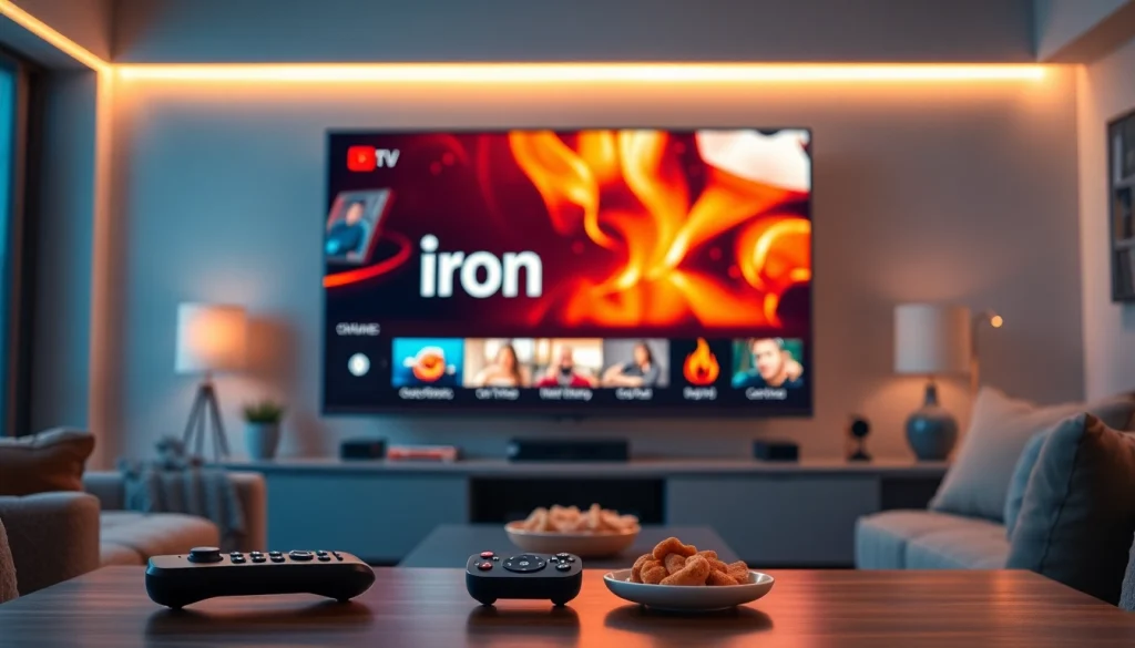 Engaging scene of a cozy living room with "iron tv" streaming, highlighting modern entertainment.