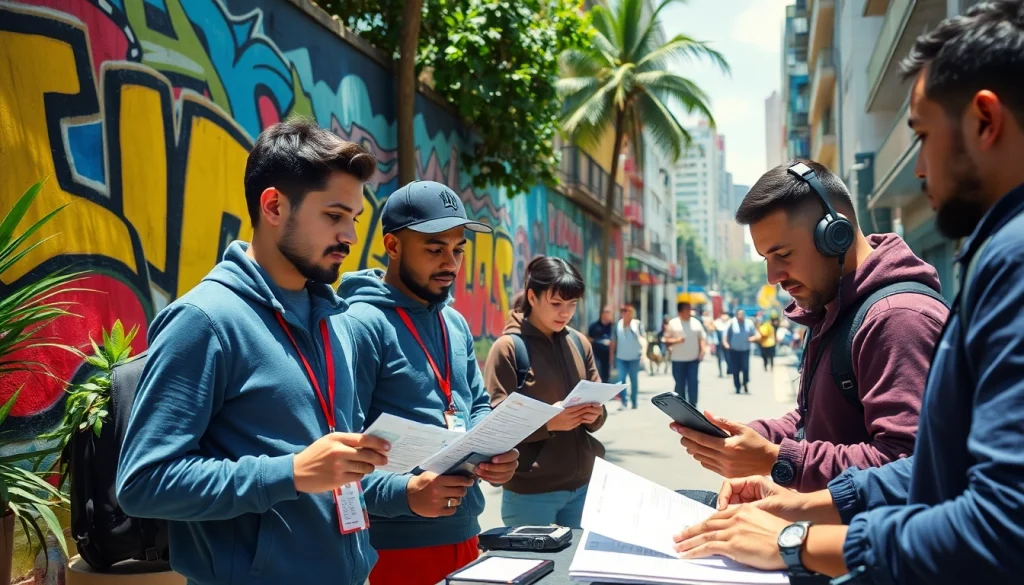 Discover dynamic sports betting enthusiasts reviewing best sportsbooks in Brazil amid a lively city backdrop.