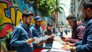 Discover dynamic sports betting enthusiasts reviewing best sportsbooks in Brazil amid a lively city backdrop.