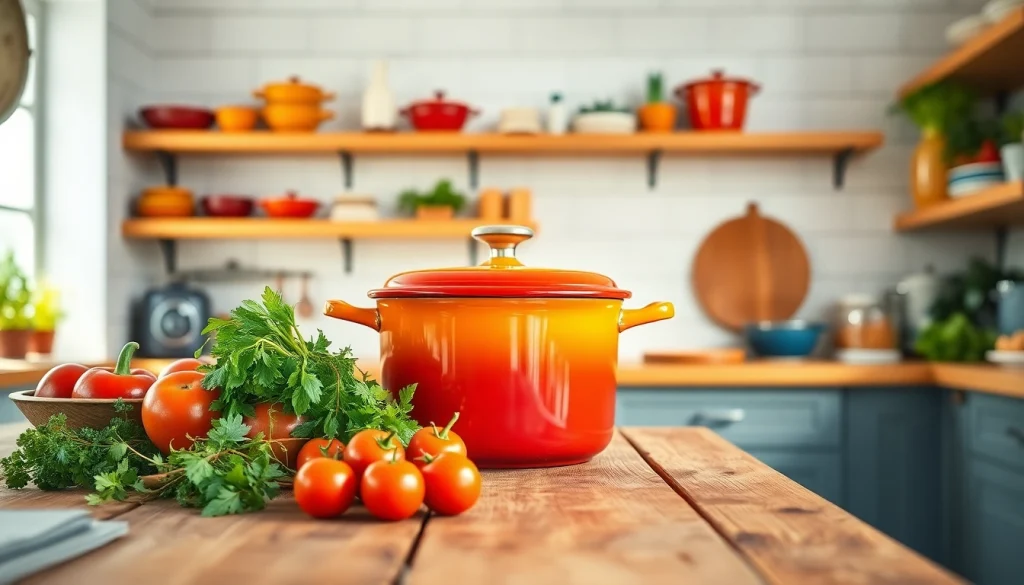Find where to buy Le Creuset in NZ with this colorful display of Dutch ovens and fresh ingredients.