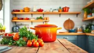 Find where to buy Le Creuset in NZ with this colorful display of Dutch ovens and fresh ingredients.