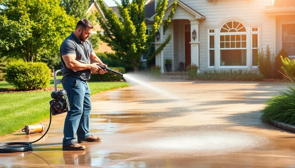 Concrete cleaning service revitalizing a driveway with pressure washer.