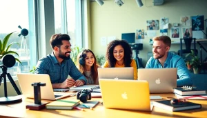 Content creators brainstorming on how to get paid for content creation fast in a bright workspace.