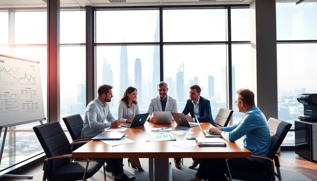 Engaged business consultants in Dubai analyzing strategies around a conference table.