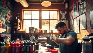 Experience the artistry at entrelagostattooartgallery.com with a tattoo artist at work in a creative space.