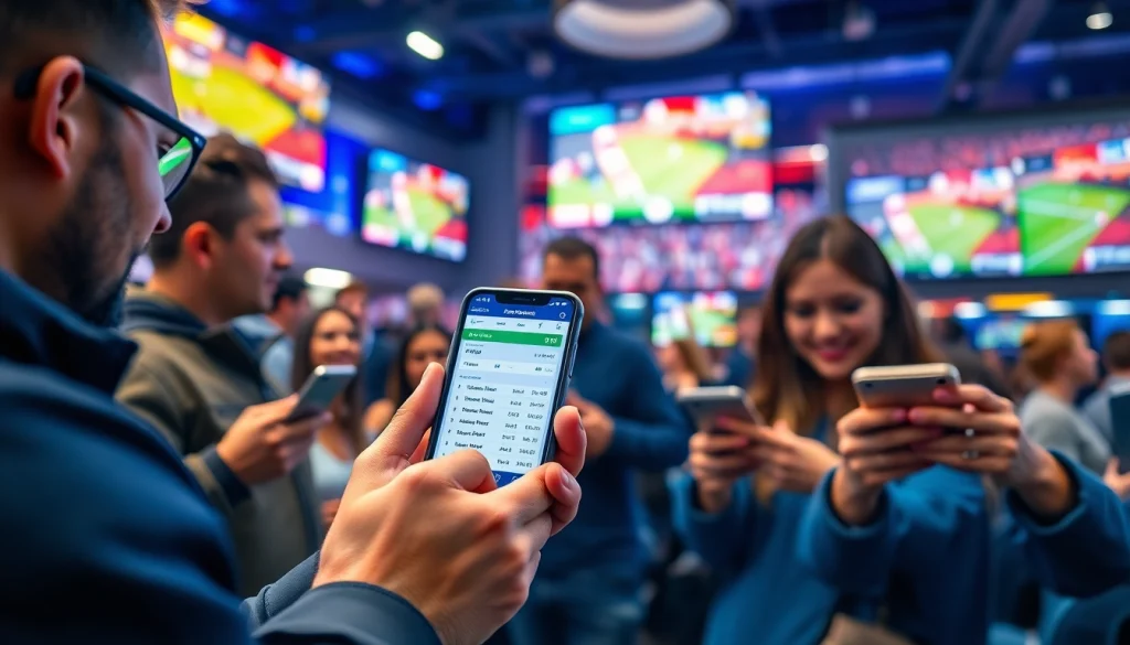 Engaging scene of athletes using sportsbooks in California for live betting in a vibrant environment.