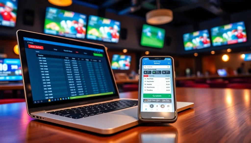 Engaging scene of sportsbooks in Texas with betting devices and a vibrant sports bar atmosphere.