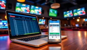 Engaging scene of sportsbooks in Texas with betting devices and a vibrant sports bar atmosphere.