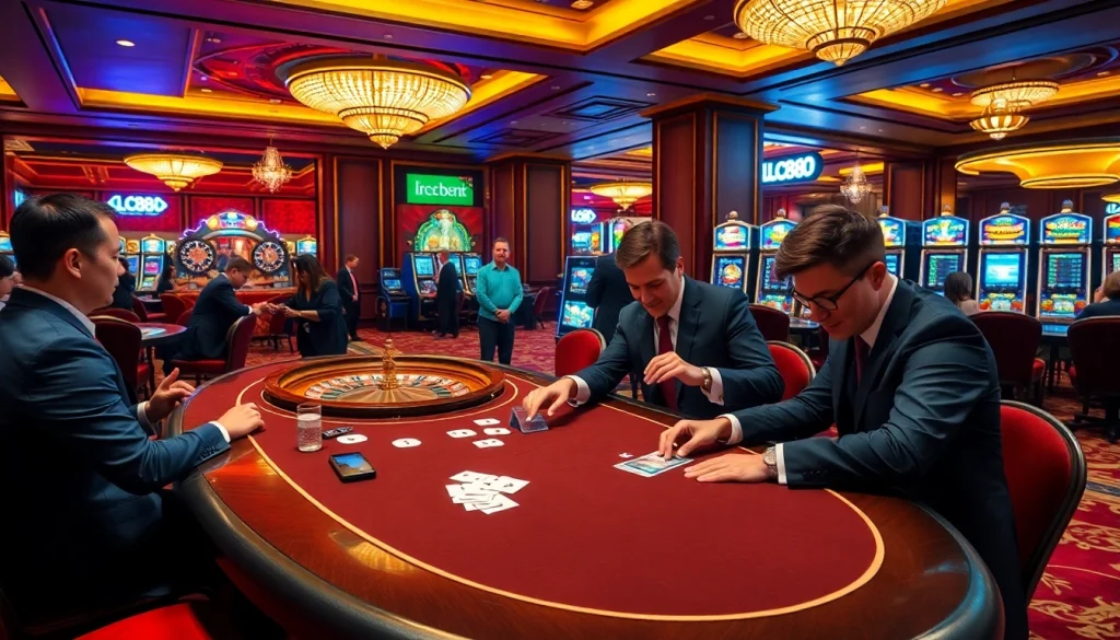 Players engaging at a vibrant lc88 casino poker table, showcasing excitement and strategy.