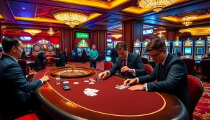 Players engaging at a vibrant lc88 casino poker table, showcasing excitement and strategy.