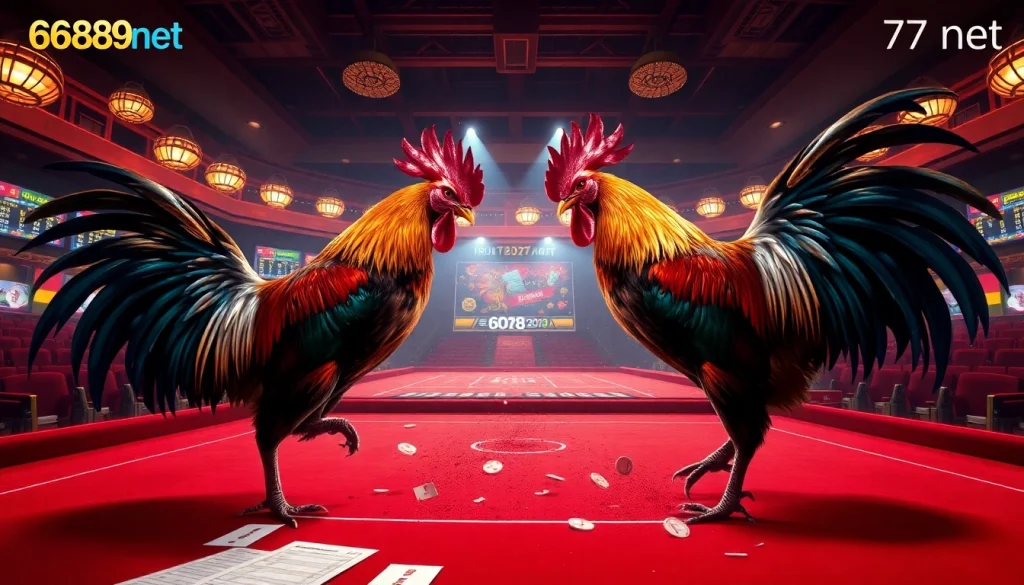 Experience the thrill of đá gà 6789 net with a vibrant online betting scene showcasing exciting cockfighting action.
