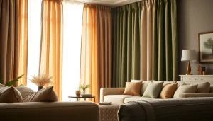 Gordijnstof in een stijlvolle woonkamer met luxe gordijnen en rijke texturen.