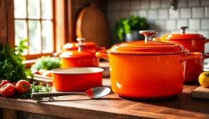 Find out where to buy Le Creuset in NZ with vibrant cookware displayed in a rustic kitchen.