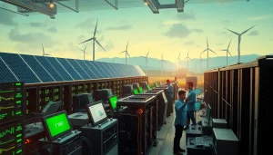 Engaging scene of a crypto cloud mining operation utilizing renewable energy sources, showcasing advanced technology and teamwork.