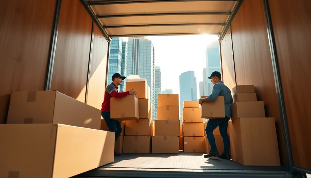 Efficient movers showcasing the best moving company in Vancouver by organizing and transporting boxes in an urban setting.